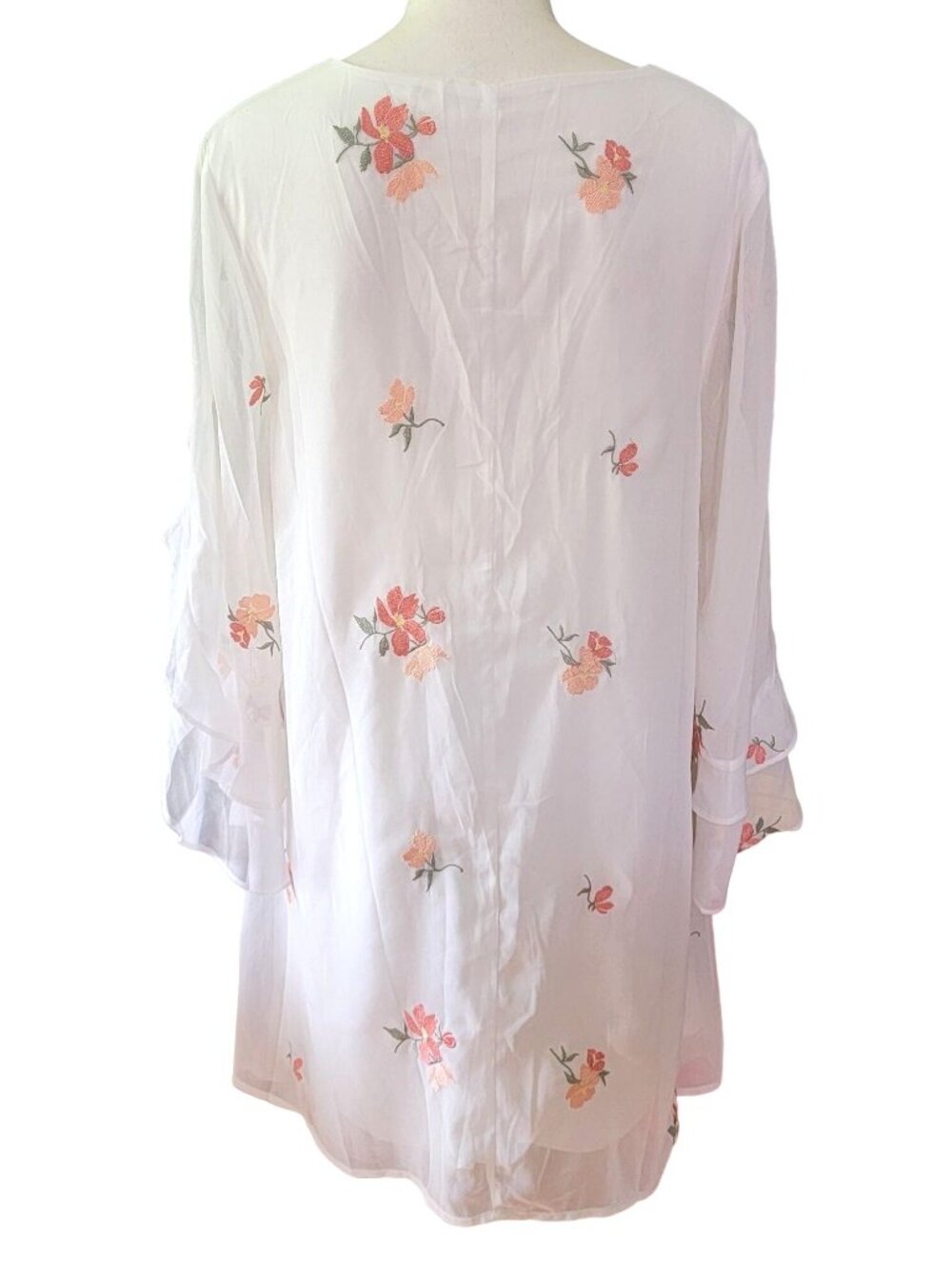 Loveriche Womens Mini Shift Dress LG White Pink Embroidered Floral Sheer Sleeve - Picture 6 of 13